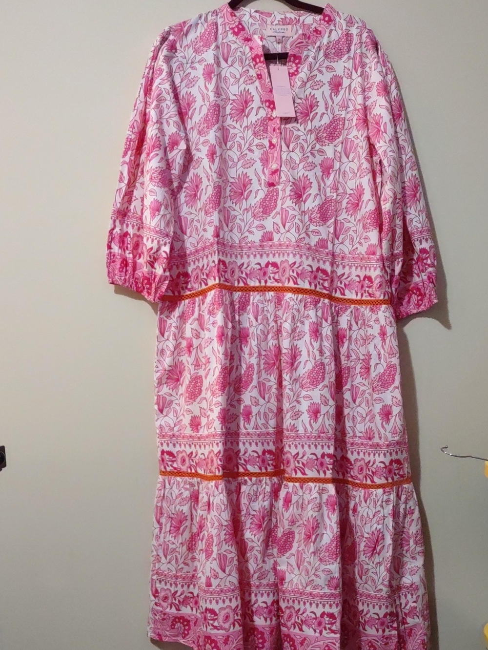Calypso St. Barth NWT Rylie Pink Floral Block Print Tiered Maxi Dress Size Large